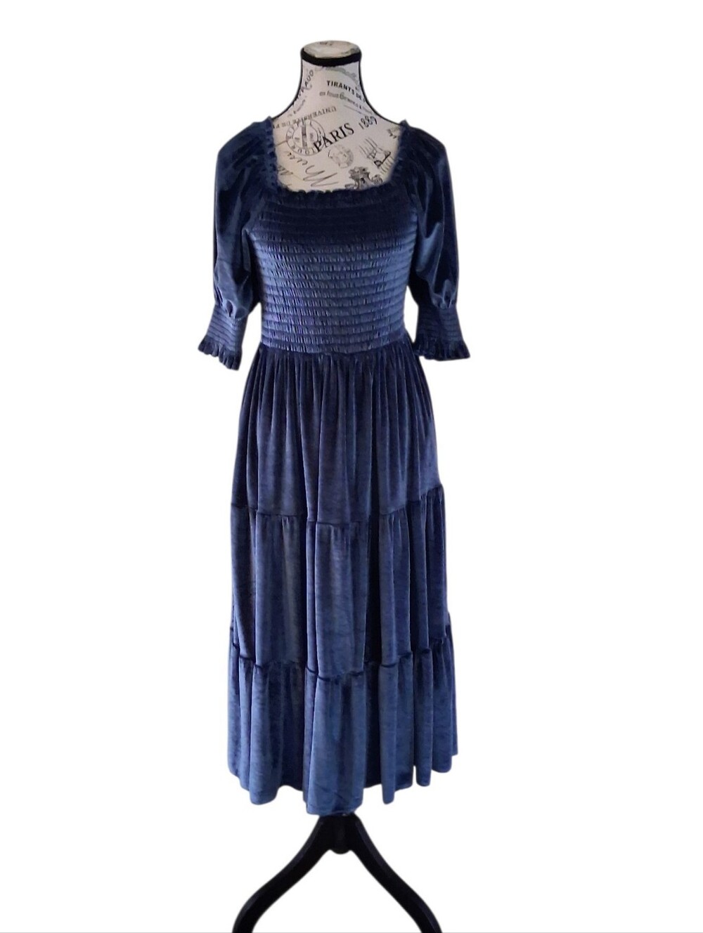 Baltic Born Blue Velvet Tiered Midi Dress Wedding Guest Holiday Medium - Picture 2 of 5
